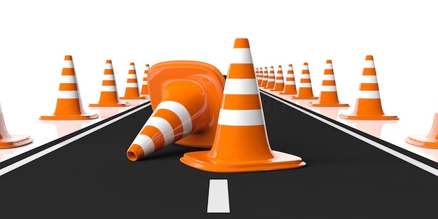 Photo 3d rendering traffic cones on a highway