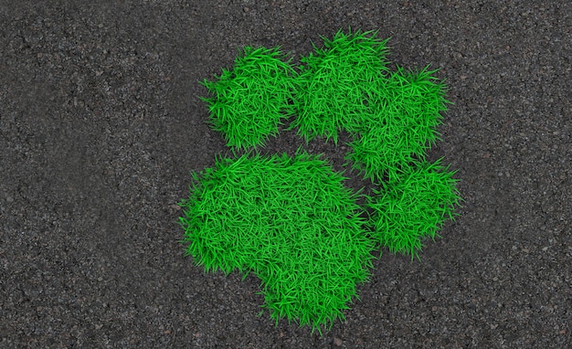 Photo 3d rendering trail of an animal overgrown with green grass on the asphalt