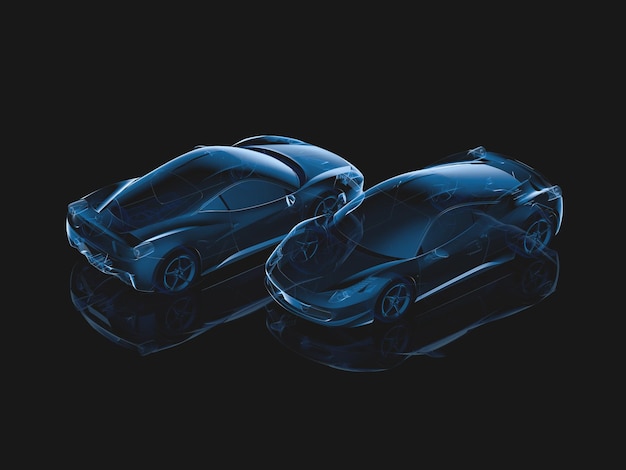 Foto rendering 3d trasparente di auto sportive di lusso futuristiche a raggi x di due auto