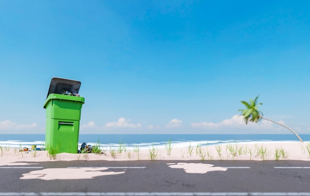 3D rendering of trash bin on sandy seashore on sunny day