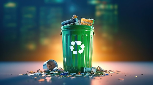 3D rendering of Trash can with plastic garbage and green recycle sign wide angle lens