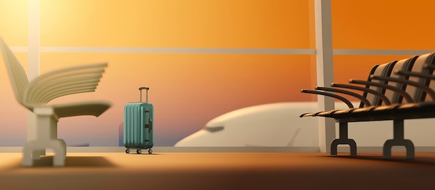 Photo 3d rendering traveler suitcases in terminal airport departure lounge and airplane