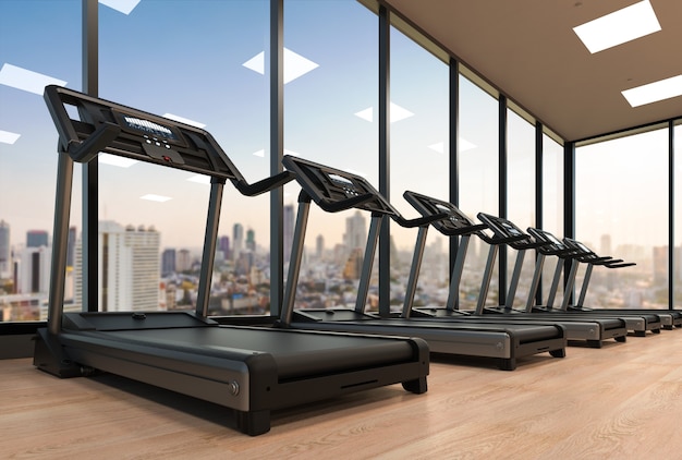 3d rendering treadmills or running machines in fitness gym