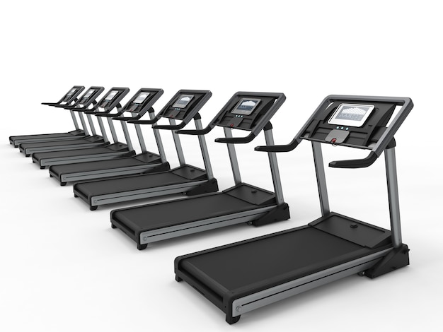 3d rendering treadmills or running machines in a row on white background