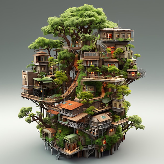 3d rendering of tree house city isometric miniature