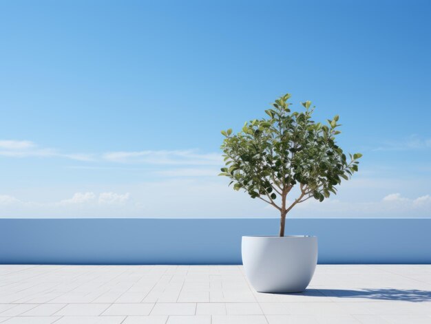 3d rendering of a tree in a pot on a terrace against a blue sky