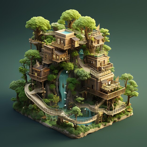 3D-рендеринг изометрической миниатюры города на дереве