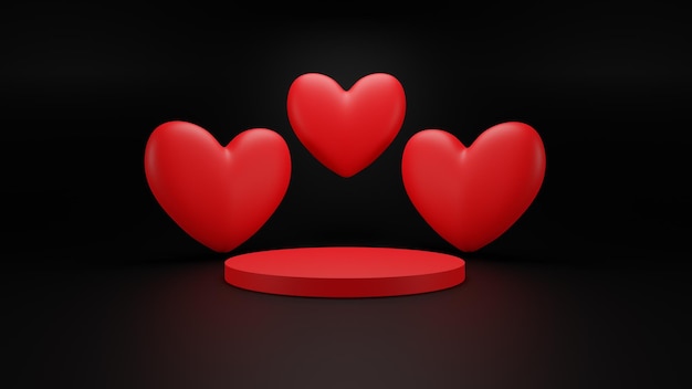 3D Rendering Triple Valentine Red Heart With Red Podium and Black Background