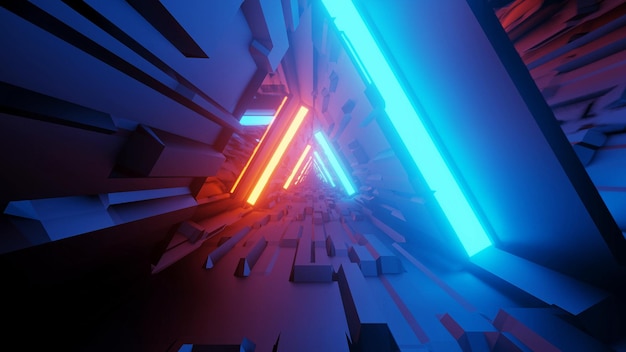 3D rendering of trippy triangular hallway illustration in blue and orange colors