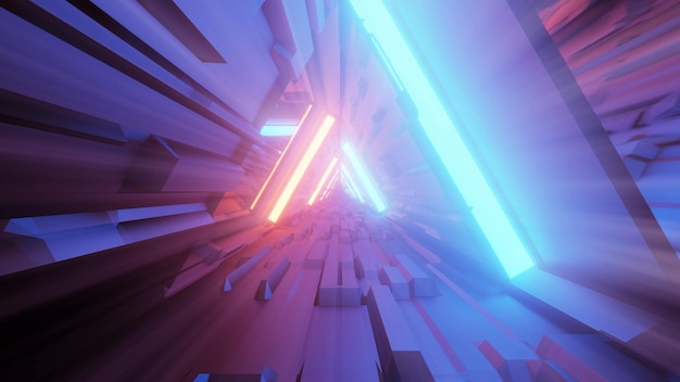 Photo 3d rendering of trippy triangular hallway illustration in blue and orange colors