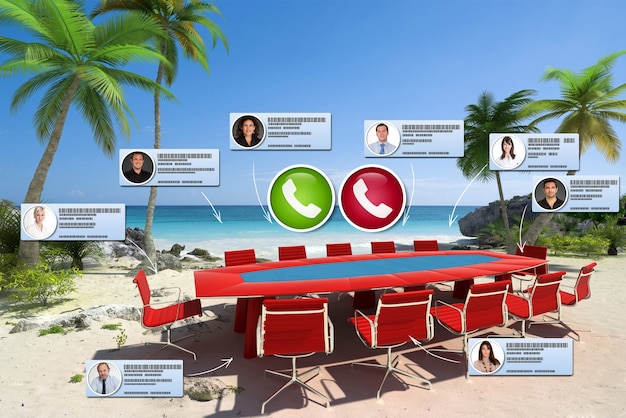 화상 통화에서 가상 연락처가있는 보드 룸 회의 테이블이있는 열대 해변의 3D 렌더링