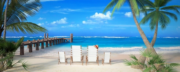 3D rendering of a tropical beach with deck chairs for all family