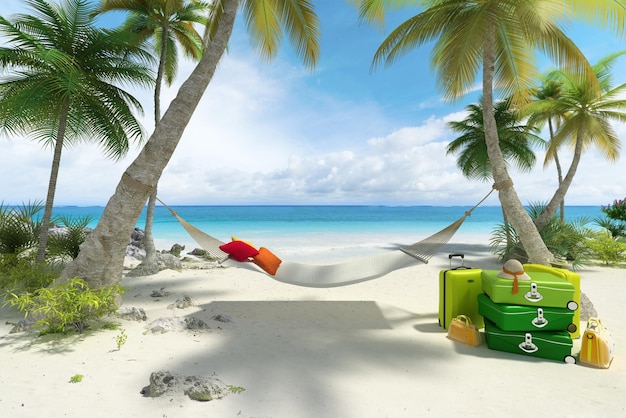 3D rendering of a tropical beach with a hammock and a pile of luggage