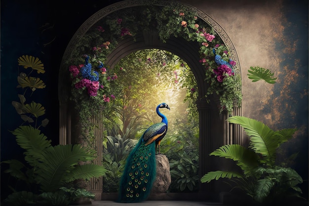 3D rendering of a tropical jungle with a peacock and leaves flowers and an arch in the distance Generative Ai