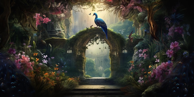 3D rendering of a tropical jungle with a peacock and leaves flowers and an arch in the distance Generative Ai