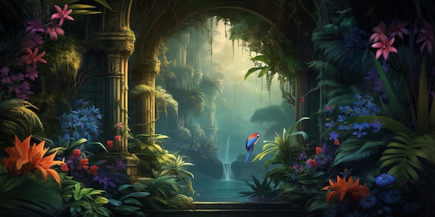 3D rendering of a tropical jungle with a peacock and leaves flowers and an arch in the distance Generative Ai