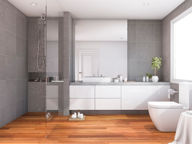 3d rendering tropical and modern style wood bathroom near window