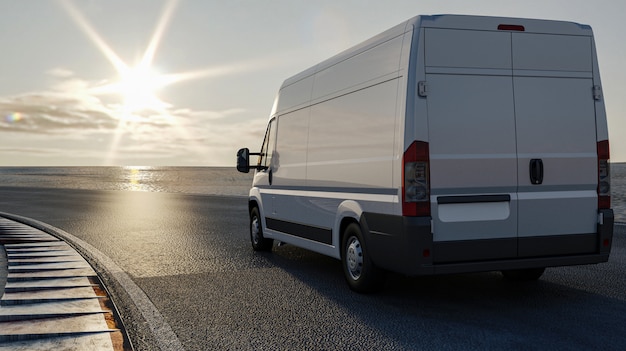 Foto la rappresentazione 3d, camion sulla strada viaggia verso il sole, concetto del trasporto del carico