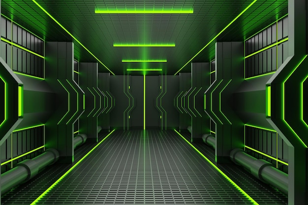 3D Rendering Tunnel High Tech Technology SciFi Green and Black