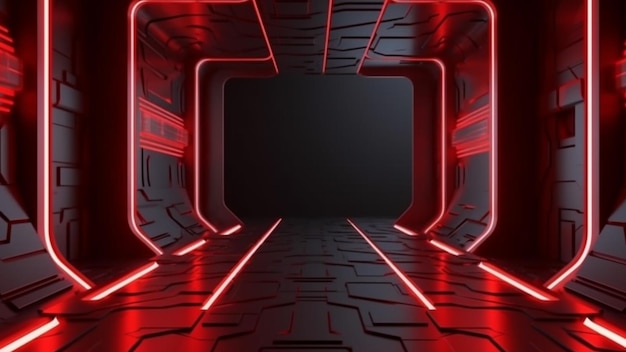 A 3d rendering of a tunnel with red lights.