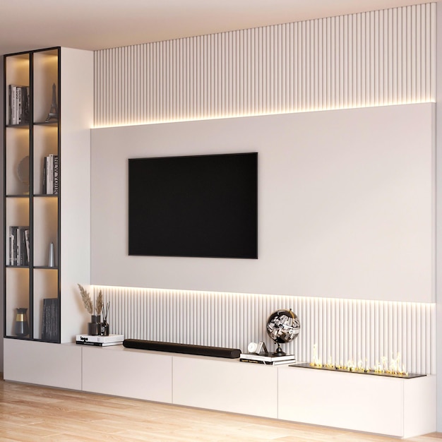 3D-rendering tv muur interieurdecoratie