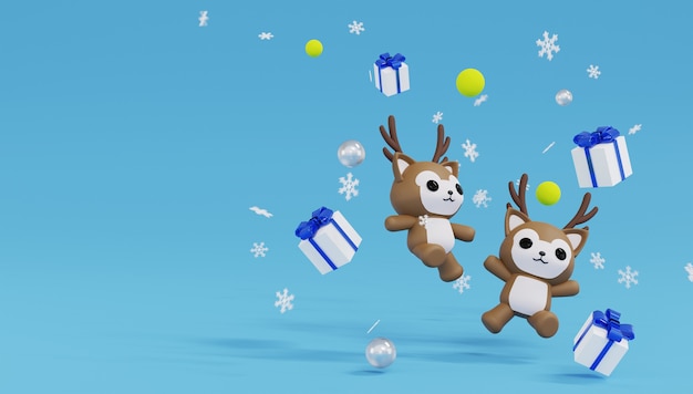 3D-rendering twee rendieren springen en blij met vier geschenkdozen en sneeuwvlok. Vrolijk kerstfeest en een gelukkig nieuwjaar.