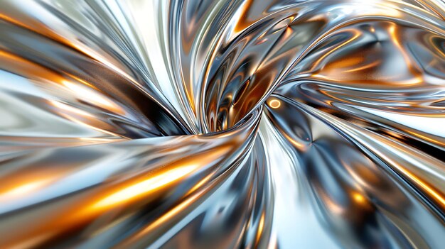 3D レンダリング: 振り曲げられた金属表面と輝く反射表面