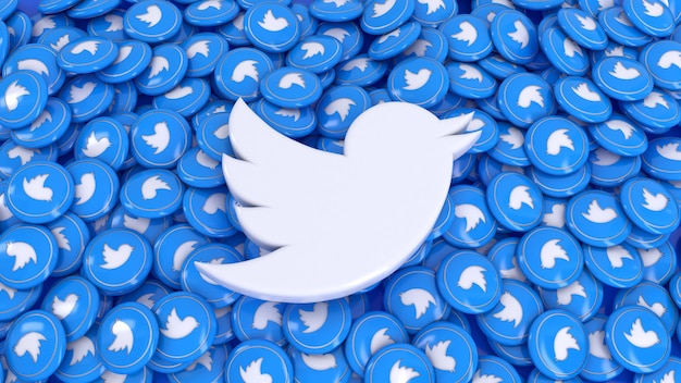 3d rendering of twitter logo over lots of twitter glossy pills