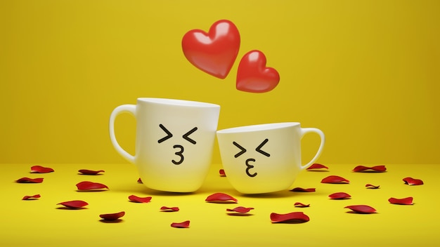 3D rendering, two coffee cups with Red hearts frying from them on yellow background