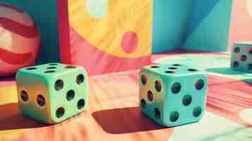 Photo 3d rendering of two green dice on a colorful background the dice are placed in a bright and colorful room with pink blue and yellow walls