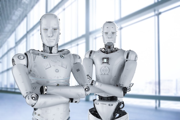 2つのヒューマノイドロボットの腕を交差させた3Dレンダリング