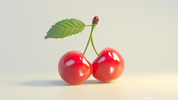 A 3D rendering of two red cherries with green leaves on a white background The cherries are rendered in a realistic style and have a glossy surface