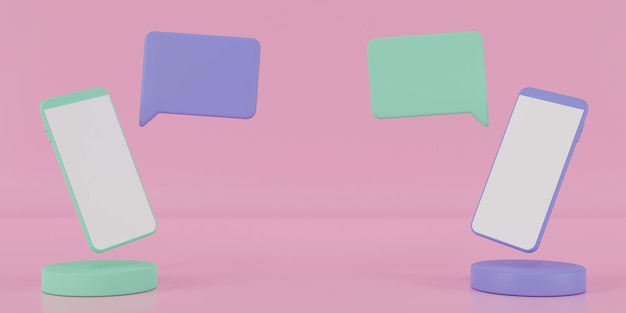 3d rendering two white screen smartphones on cylinder podium with text box on pink background