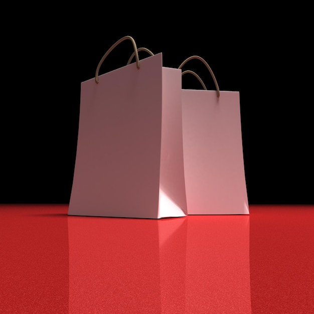 빨간색 배경에 흰색 쇼핑백 2개의 3D 렌더링