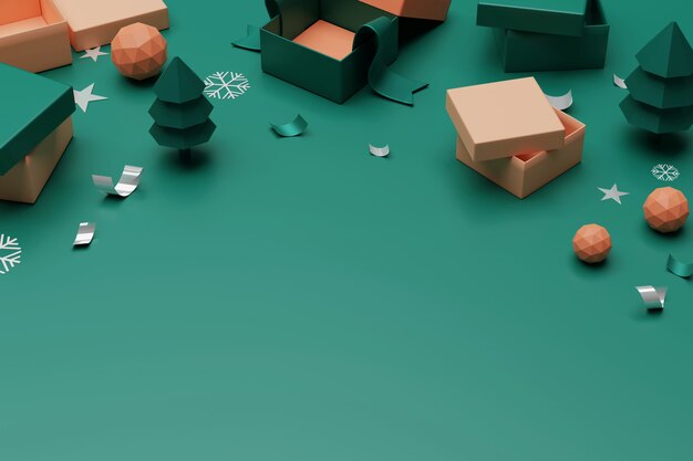 3D-рендеринг распаковки подарочные коробки. Раскройте пустую подарочную коробку и аксессуары, онлайн концепцию покупок.
