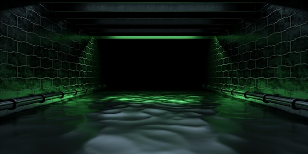 Rendering 3d sotterraneo sotterraneo tunnel di scarico corridoio corridoio corridoio con luce al neon verde incandescente sul canale d'acqua ondulazione onda illustrazione sfondi rendering 3d