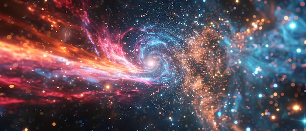 A 3D rendering of the universe showing a galaxy horizon stars a glow of red and blue neon a big bang and infrared light