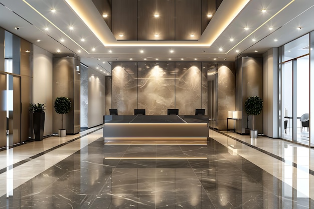 Photo 3d rendering unveils the fusion of modern luxury in hotel and office reception spaces