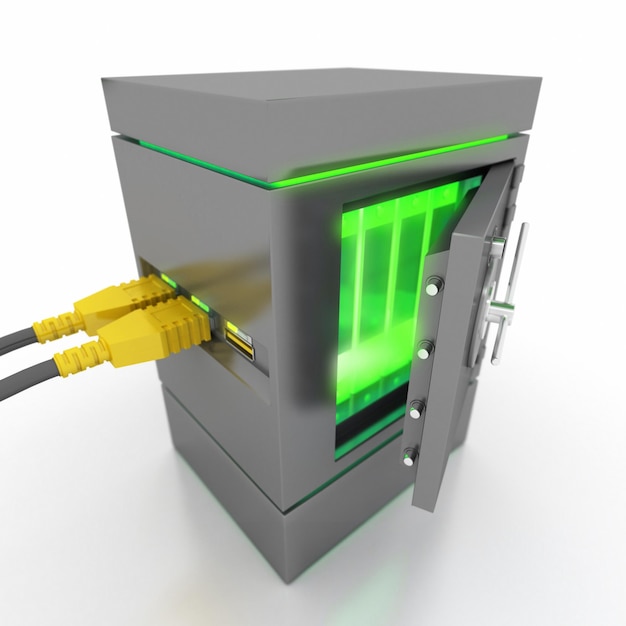 3D rendering of a usb cable connected to a strongbox containing electronic files