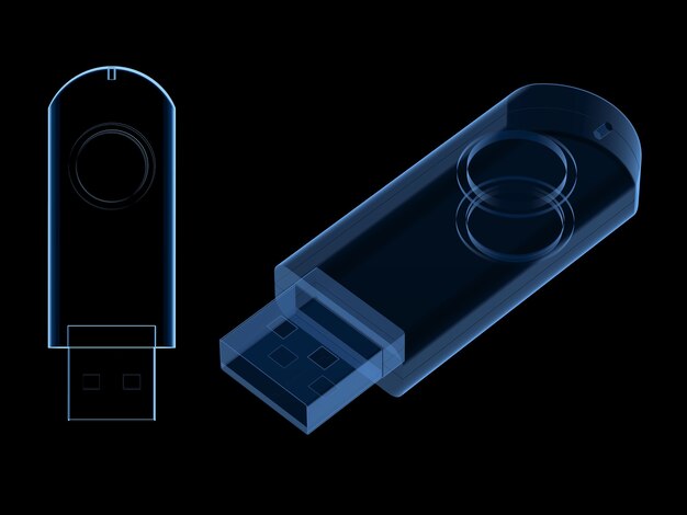 3d rendering usb flash drive scan isolated on black