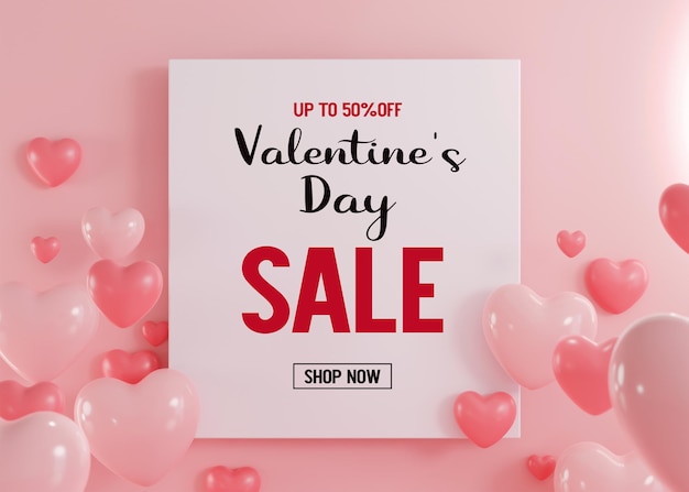 3D-rendering Valentijnsdag banner met hartvormige ballonnen Vakantie illustratie banner voor valentijn en moederdag ontwerp