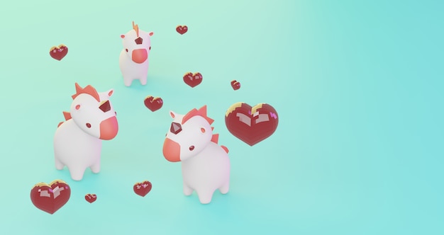 Photo 3d rendering of valentine. reds heart and cute unicorns on blue background, minimalist . love symbol. modern 3d render.