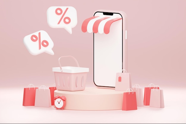 Foto rendering 3d vendita di san valentino podio 3d con borsa per smartphone pallina a palloncino e cestino per la spesa