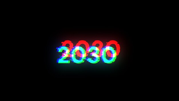 3D-rendering van 2030 tekst met schermeffecten van technologische storingen