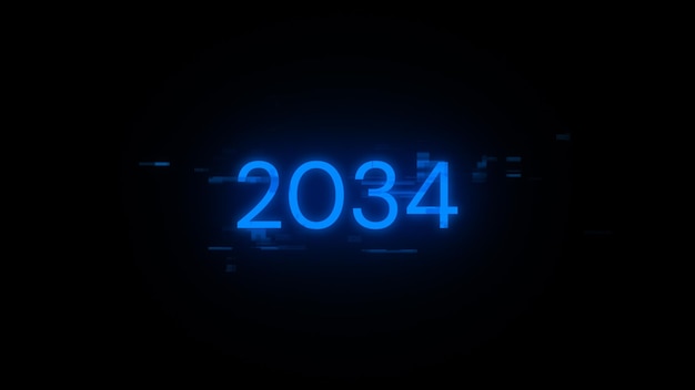 3D-rendering van 2034 tekst met scherm-effecten van technologische storingen