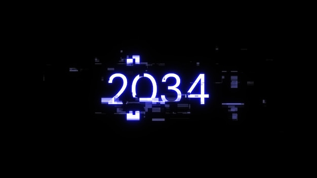 3D-rendering van 2034 tekst met scherm-effecten van technologische storingen