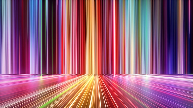 3D-rendering van abstracte achtergrond met kleurrijk spectrum heldere neonstralen en gloeiende lijnen