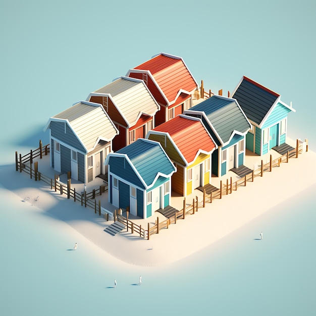 3D-rendering van Beach Huts stad isometrische miniatuur