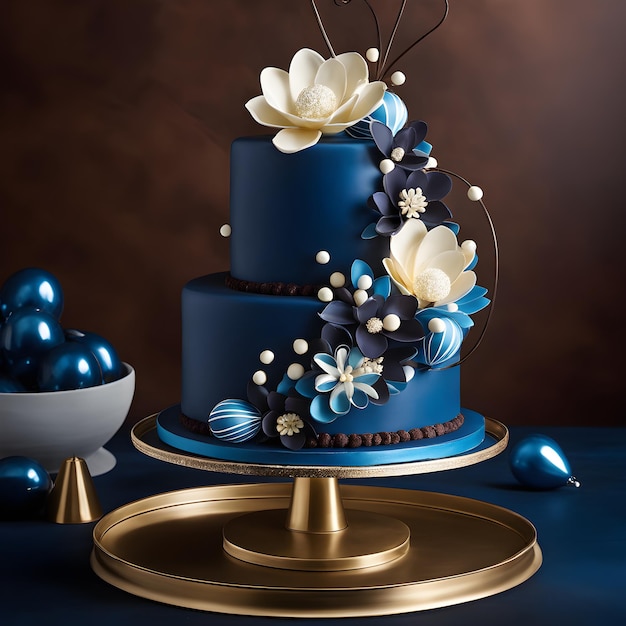 3D rendering van blauwe bruidstaart met bloemen en ballonnen op donkere achtergrond.