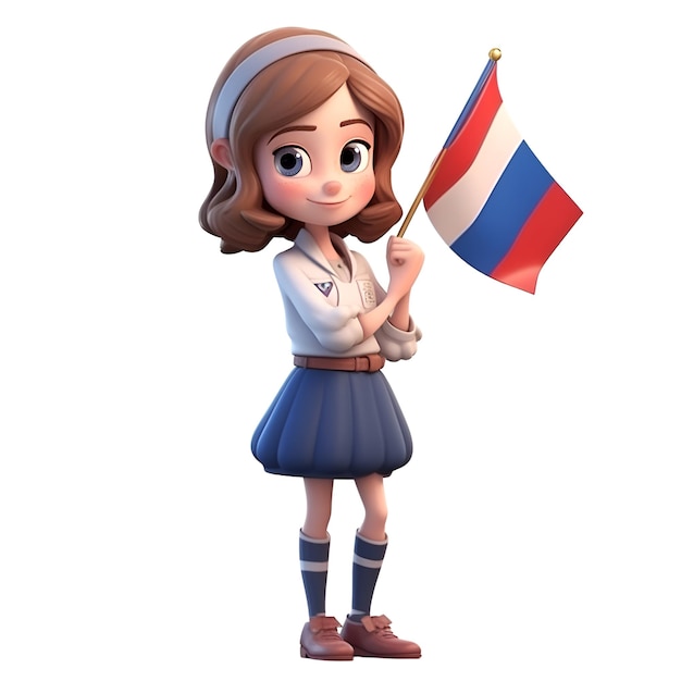 3D-rendering van Cartoon Little Girl met vlag van de Franse Republiek